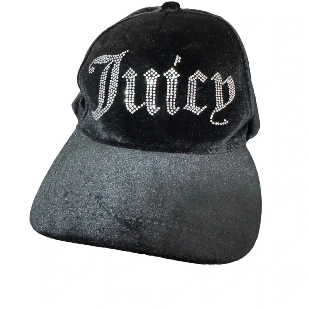Juicy Couture Black Velvet Rhinestone Logo Y2K Baseball Cap Hat One Size